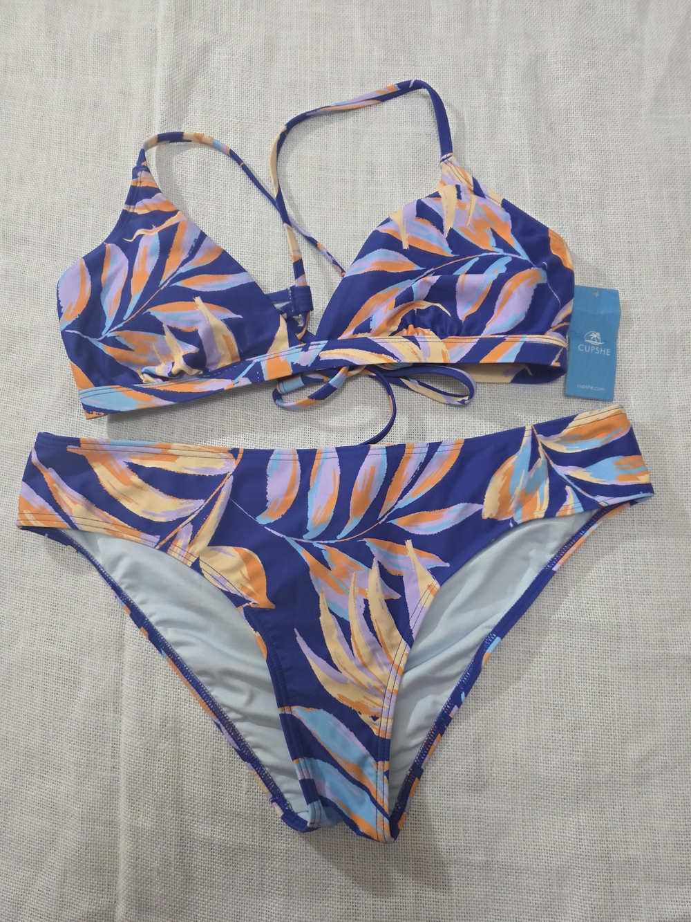 CUPSHE Tropical Leaf Bikini Set Size L Blue Orange NWT - Picture 3 of 8
